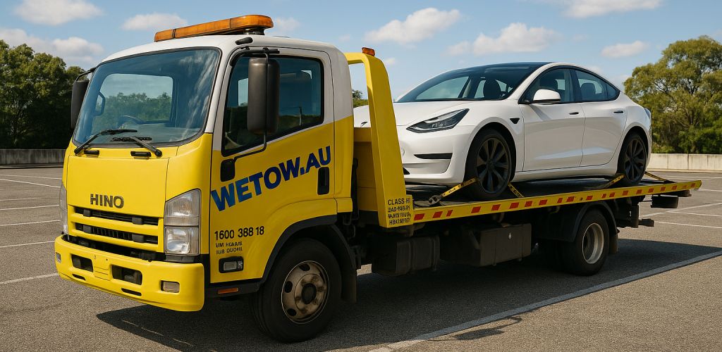 an electric vehicle on the back of a WeTow tow truck
